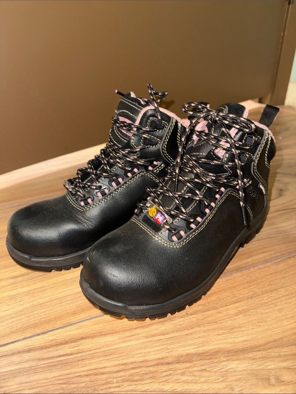 Women's Avenger Black Lace-Up Work Boots with Pink Trim